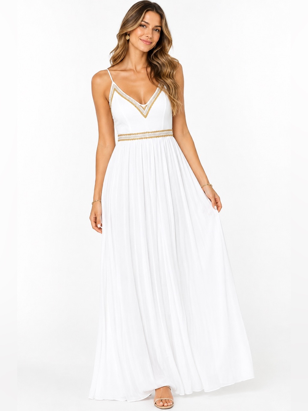 Japna White Maxi Dress with Gold Trim Accents